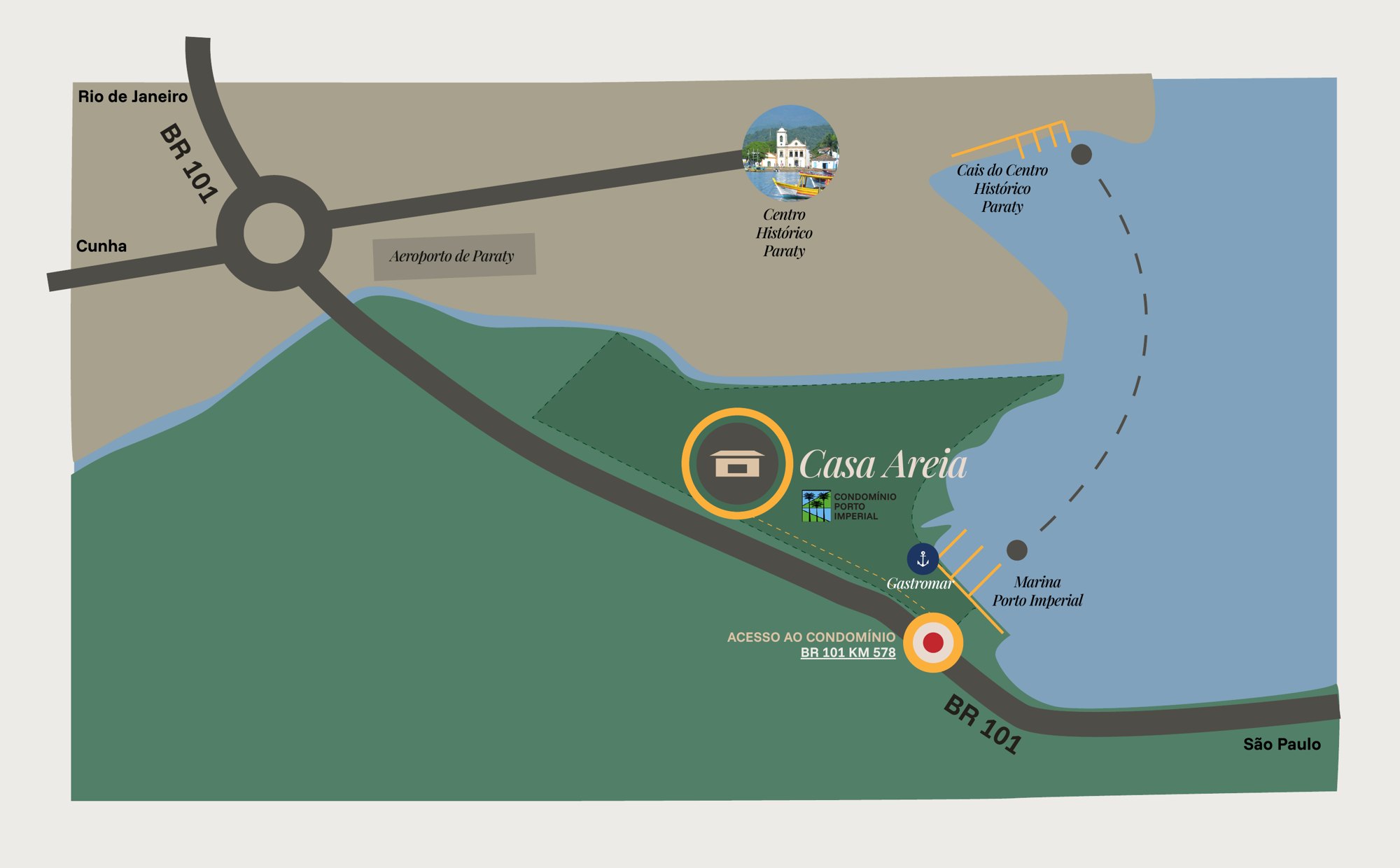 Mapa de Paraty: a Casa Areia fica no Condomínio Porto Imperial, entre a BR-101 (acesso no km 578) e a Marina Porto Imperial, perto do Centro Histórico e do cais